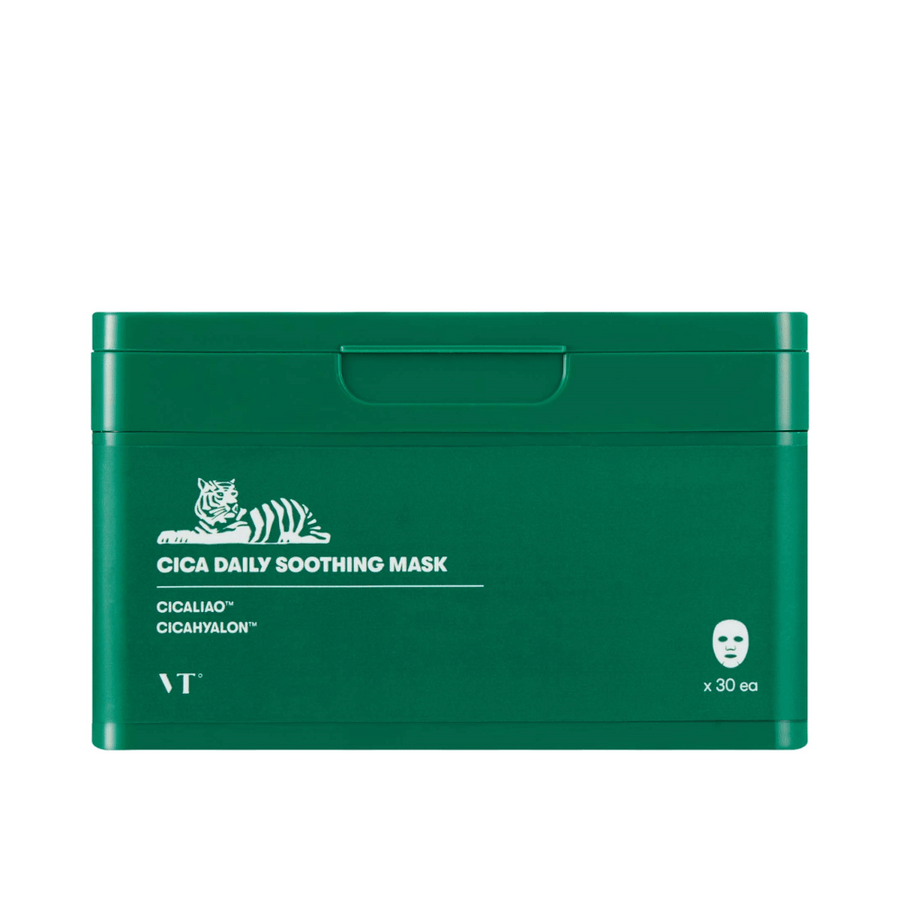 Zelené balenie s textom "Cica Daily Soothing Mask" a bielou ilustráciou tigra, obsahujúce 30 pleťových masiek.