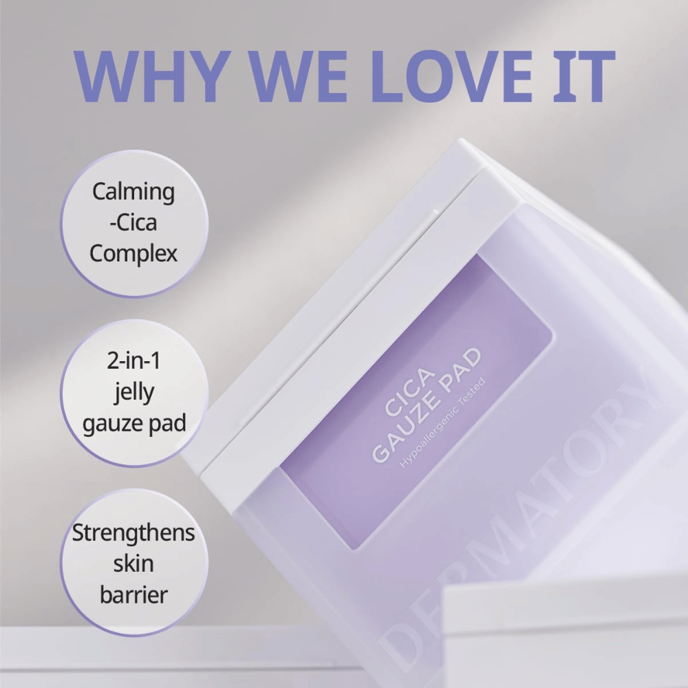 Obrázok Cica Gauze Pad s textom 'Why We Love It'. Produkt obsahuje upokojujúci Cica-komplex, funguje ako 2-v-1 gélová gáza a posilňuje bariéru pokožky. Perfektné pre citlivú pokožku.