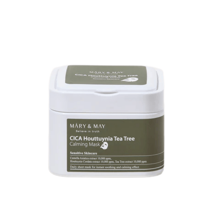 Mary & May Cica Houttuynia Tea Tree Calming Mask – nádoba s upokojujúcimi pleťovými maskami pre citlivú pokožku, obohatená o centella, houttuynia a tea tree extrakt.