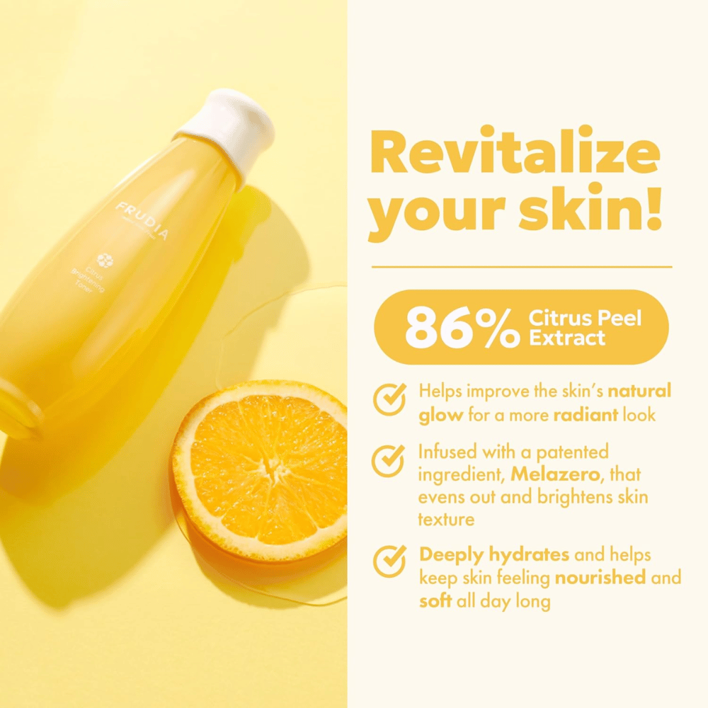 FRUDIA Citrus Brightening Toner s 86 % citrusovým extraktom – hydratačný a rozjasňujúci toner, ktorý zlepšuje prirodzený lesk pleti a poskytuje jemnú, žiarivú pokožku.
