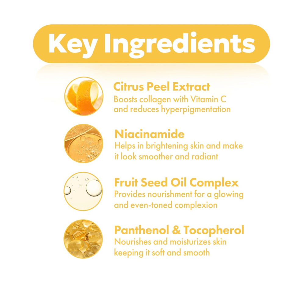 FRUDIA Citrus Brightening Toner – kľúčové zložky ako citrusový extrakt, niacínamid, komplex olejov z ovocných semien, pantenol a tokoferol pre jasnejšiu a rovnomernejšiu pleť.