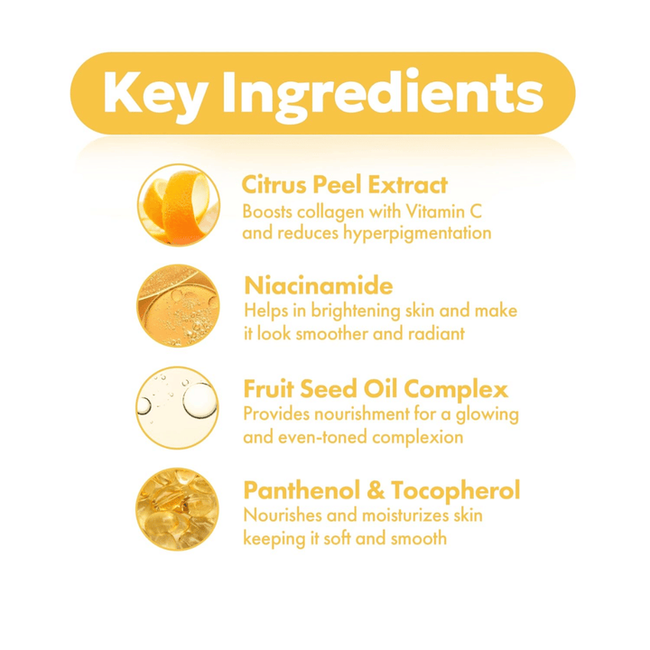 FRUDIA Citrus Brightening Toner – kľúčové zložky ako citrusový extrakt, niacínamid, komplex olejov z ovocných semien, pantenol a tokoferol pre jasnejšiu a rovnomernejšiu pleť.