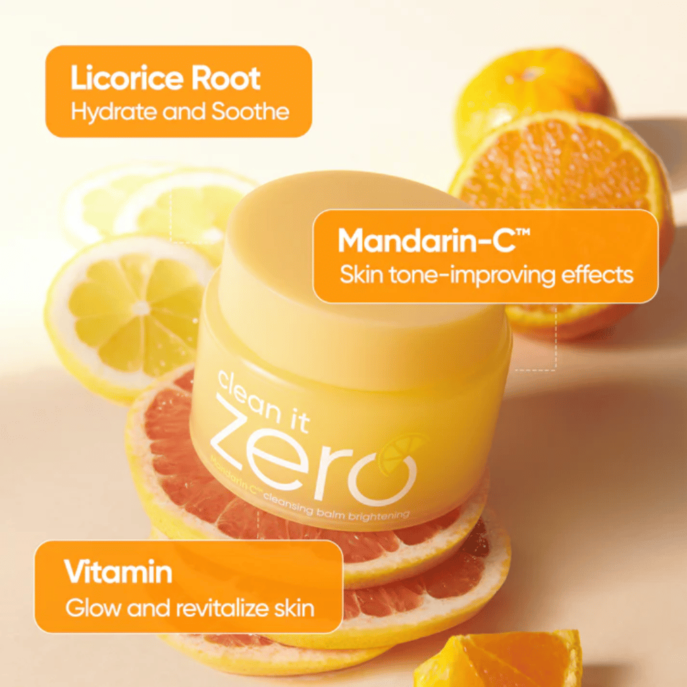 Banila Co Clean It Zero Mandarin-C cleansing balm s pomarančovým extraktom, ktorý zlepšuje tón pleti, rozjasnenie a pôsobí proti nerovnomernej pleti a jemným linkám