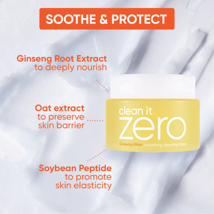 Clean It Zero Ginseng-Glow Cleansing Balm od BANILA CO s ginsengom, ovseným extraktom a sójovými peptidmi, vyvinutý na upokojenie, ochranu a posilnenie kožnej bariéry, pričom rozpúšťa make-up a špinu.