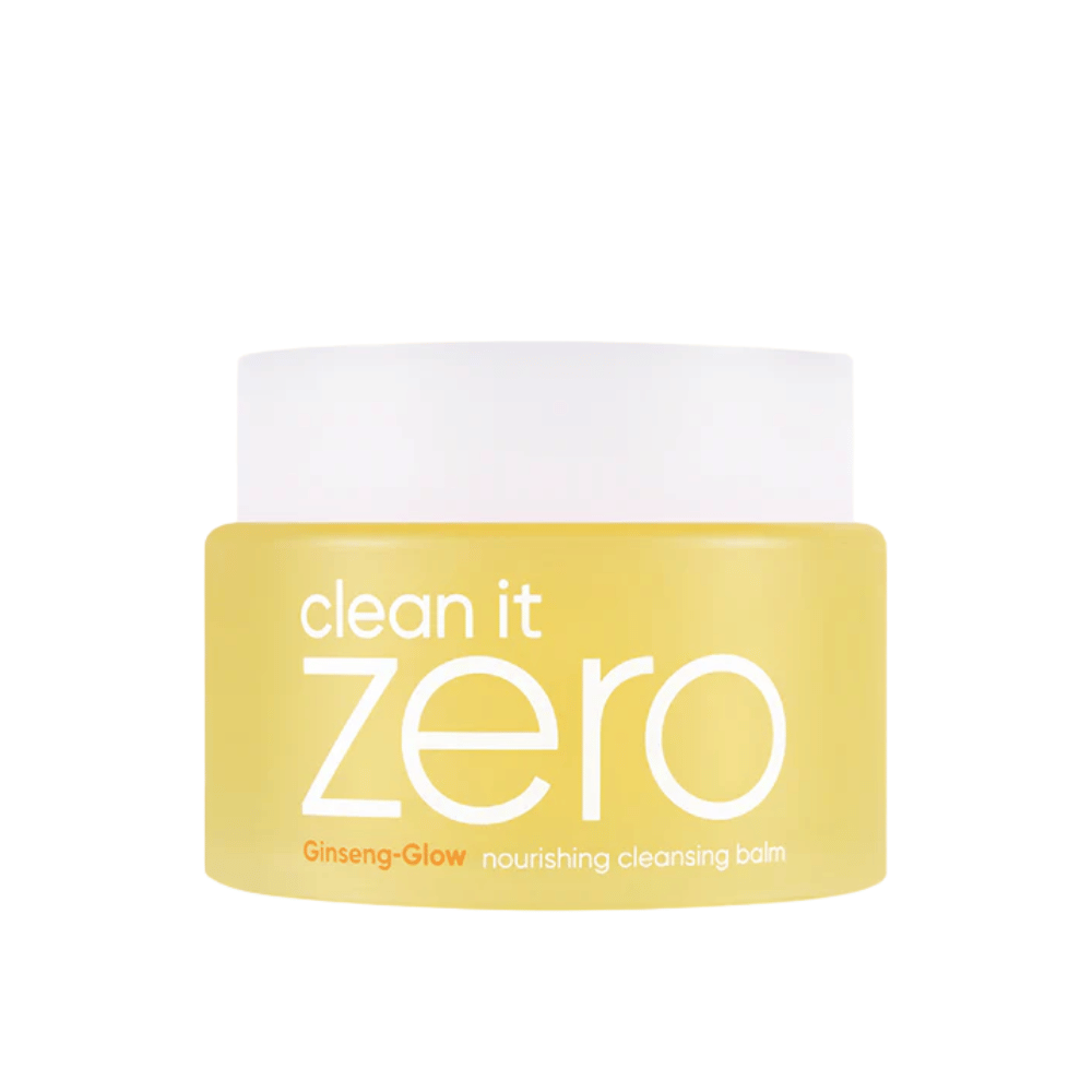 Clean It Zero Ginseng-Glow Nourishing Cleansing Balm v žltej nádobe na bielom pozadí, hydratačný čistiaci balzam od BANILA CO, ktorý efektívne odstraňuje make-up a nečistoty.