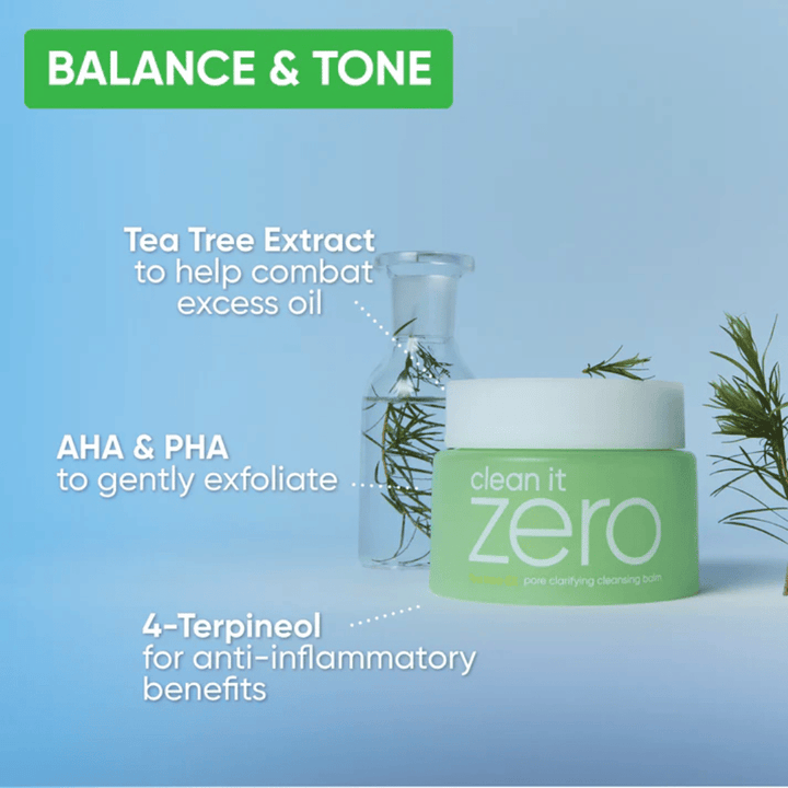 Clean It Zero Pore Clarifying Cleansing Balm s Tea Tree-extraktom, AHA a PHA, ktorý vyrovnáva pokožku, redukuje prebytočný olej a jemne exfoliuje pre čistejší tón pleti.