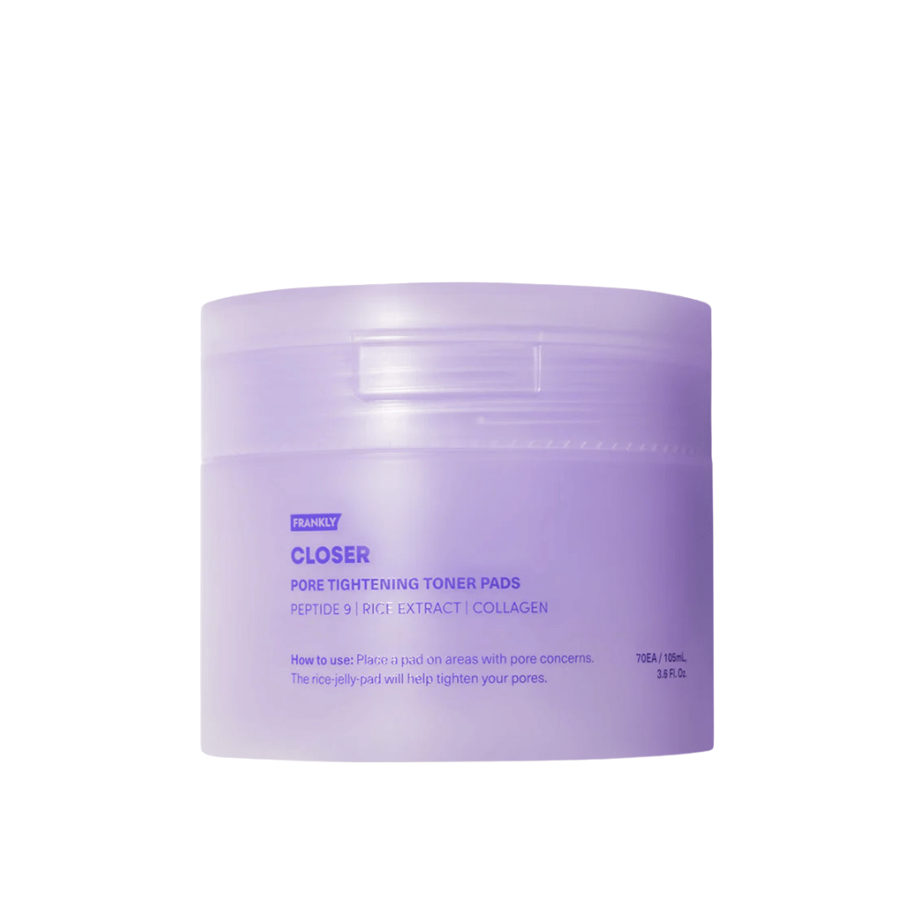Produktový obrázok FRANKLY Closer Pore Tightening Toner Pads vo fialovej nádobe. Tonerové podložky s peptidmi, ryžovým extraktom a kolagénom pre zjemnenie pórov.