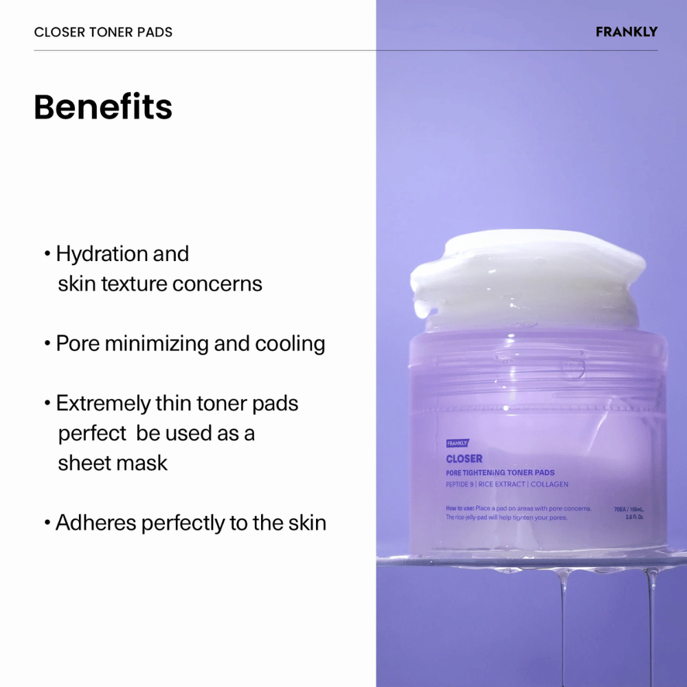 Fialová nádoba s FRANKLY Closer Toner Pads naplnená tenkými, hydratačnými podložkami. Text popisuje výhody ako zmenšenie pórov a chladivý efekt.