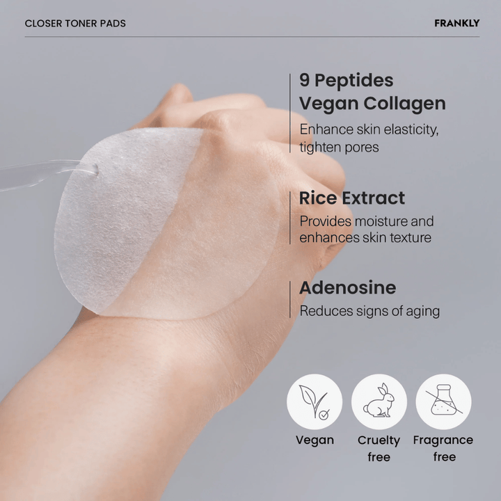 Detailný záber na FRANKLY Closer Toner Pad na ruke. Text ukazuje ingrediencie ako 9 peptidov, vegánsky kolagén, ryžový extrakt a adenosín. Vegánsky a cruelty-free.