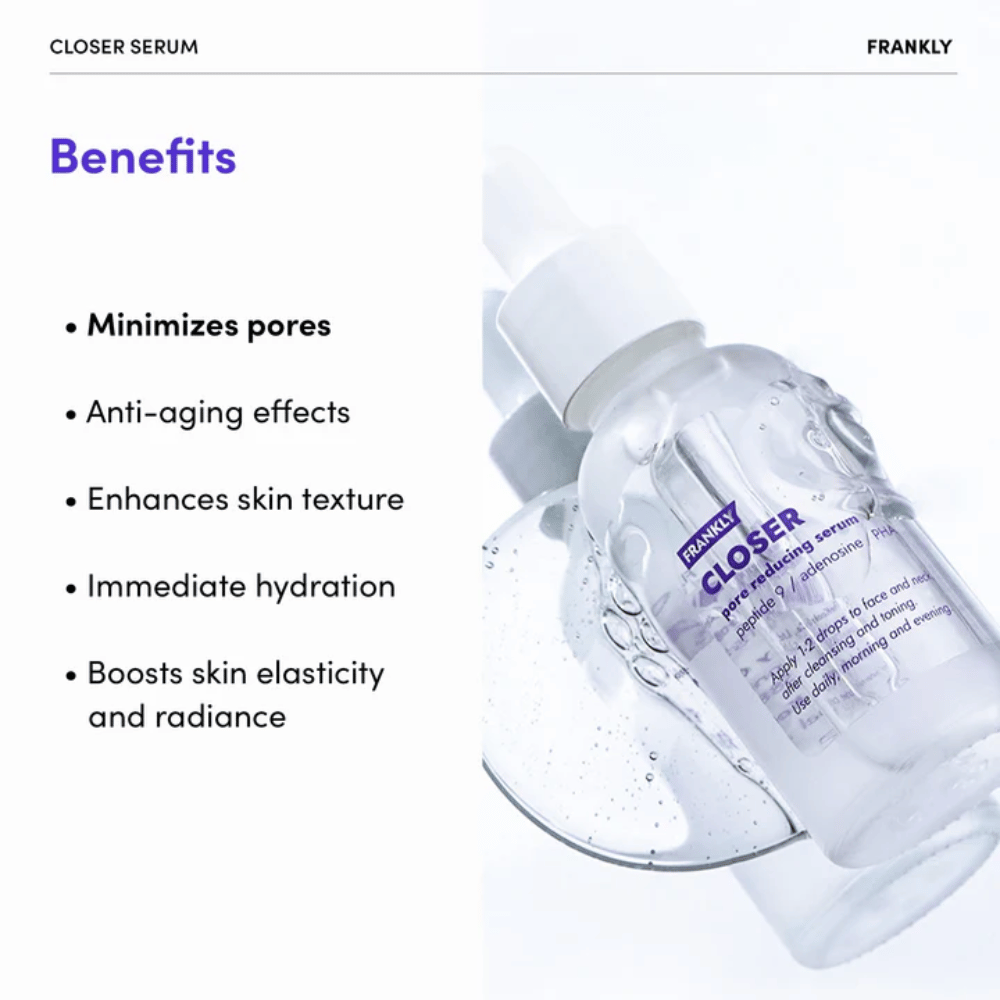 FRANKLY Closer Serum v priehľadnej fľaške na lesklom povrchu. Text zdôrazňuje výhody ako minimalizované póry, hydratáciu a zlepšenú textúru pleti.
