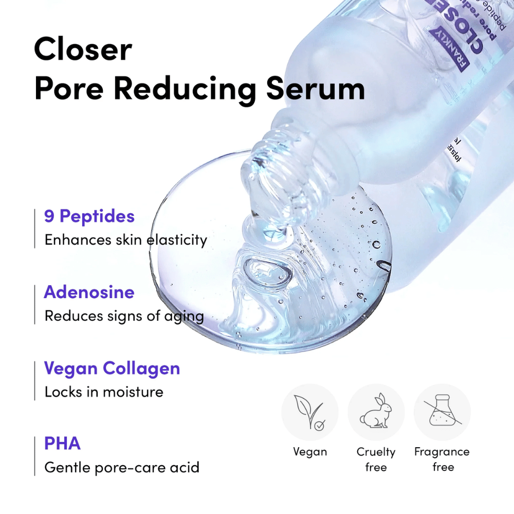 Detailný záber na FRANKLY Closer Pore Reducing Serum s ingredienciami: 9 peptidov, adenozín, vegánsky kolagén a PHA. Vegánska a cruelty-free formula.