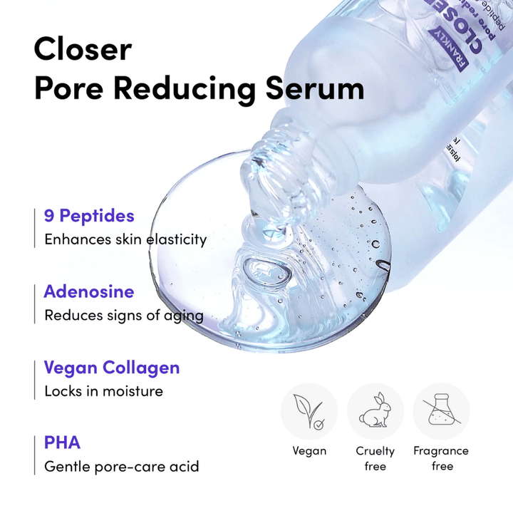 Detailný záber na FRANKLY Closer Pore Reducing Serum s ingredienciami: 9 peptidov, adenozín, vegánsky kolagén a PHA. Vegánska a cruelty-free formula.