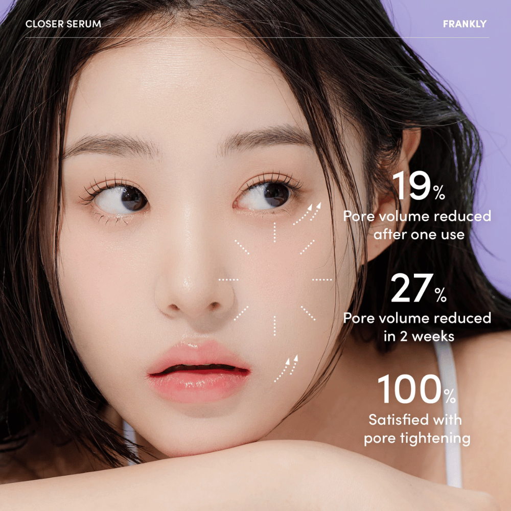 Žena s FRANKLY Closer Serum ukazuje výsledky: 19 % zmenšenie pórov po jednom použití, 27 % po dvoch týždňoch, 100 % spokojnosť so zmenšením pórov.