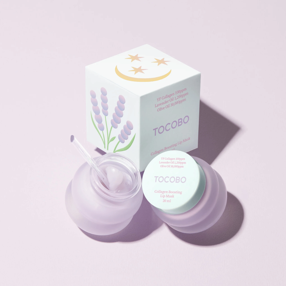 TOCOBO Collagen Boosting Lip Mask s obalom zdobeným levanduľou a symbolmi mesiaca.