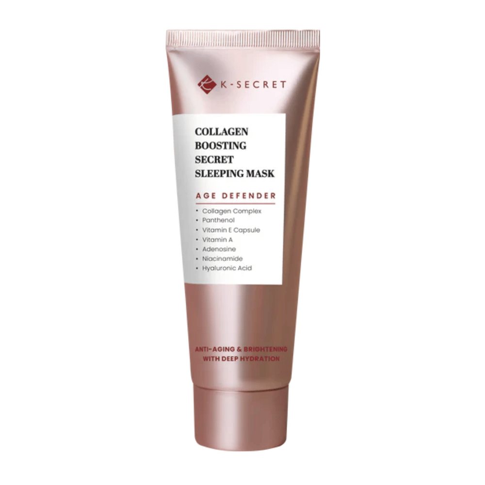 Produktový obrázok K-SECRET Collagen Boosting Secret Sleeping Mask v ružovo-zlatej tube s textom, ktorý zdôrazňuje anti-aging, hydratáciu a zložky ako kolagén, panthenol a kyselina hyalurónová.
