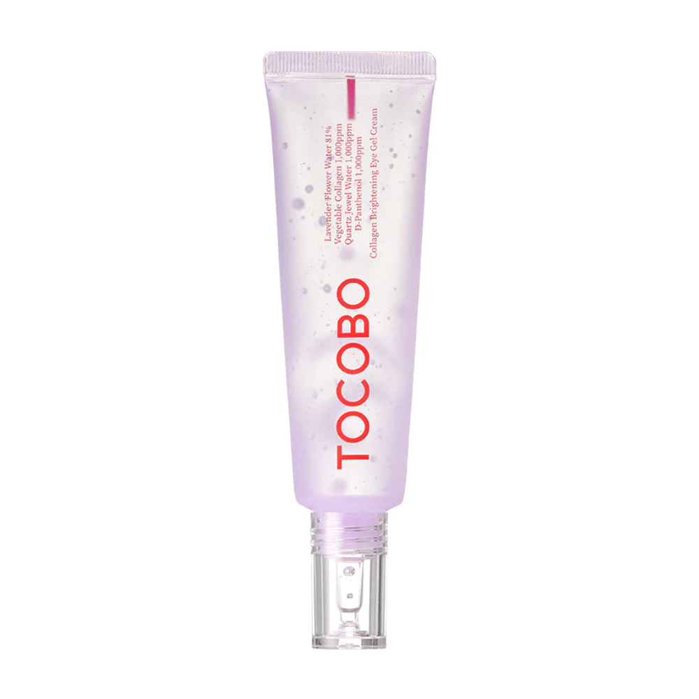 Produkt na obrázku je "Collagen Brightening Eye Gel Cream" od TOCOBO. Je to očný gél vo fialovej tube s bielymi bodkami, navrhnutý na rozjasnenie a zlepšenie vzhľadu pokožky okolo očí.