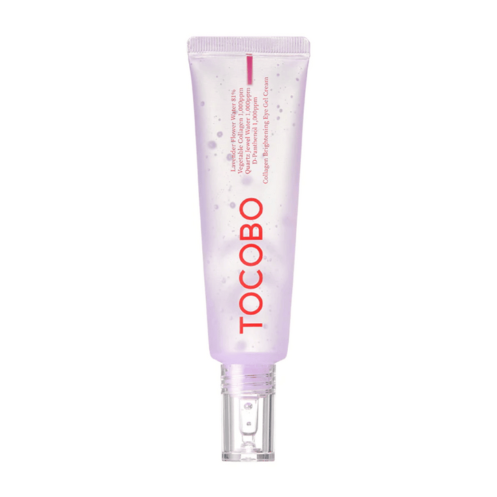 Produkt na obrázku je "Collagen Brightening Eye Gel Cream" od TOCOBO. Je to očný gél vo fialovej tube s bielymi bodkami, navrhnutý na rozjasnenie a zlepšenie vzhľadu pokožky okolo očí.