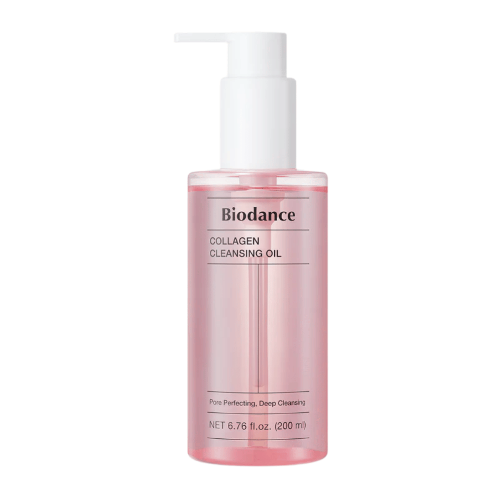Obrázok produktu Biodance Collagen Cleansing Oil v priehľadnej ružovej fľaši s bielou pumpou, text "Pore Perfecting, Deep Cleansing" a objem 200 ml.