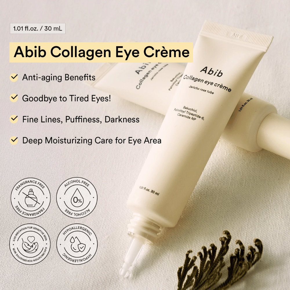 Abib Collagen Eye Crème s textom o anti-aging a intenzívnej hydratácii pre oblasť očí. Bez alkoholu, parfumu a hypoalergénny.