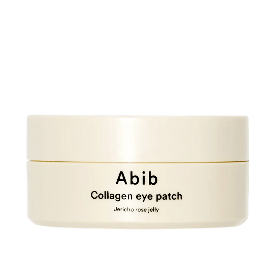 Balenie Abib Collagen Eye Patch Jericho Rose Jelly – béžová nádoba s čiernym textom, navrhnutá pre starostlivosť o oblasť pod očami s kolagénom a hydratačnými zložkami.