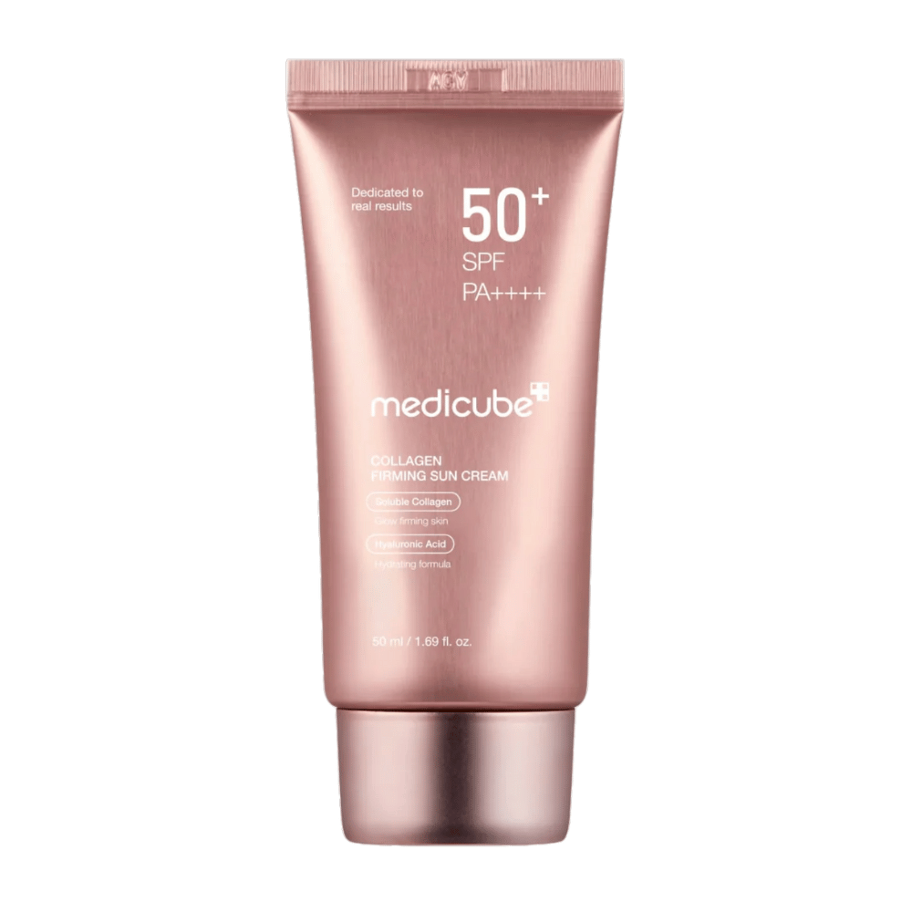 Medicube Collagen Firming Sun Cream SPF 50+ v ružovožltej tube – opaľovací krém s kolagénom a kyselinou hyalurónovou, ktorý poskytuje pevnejšiu, hydratovanú pokožku so žiarou.