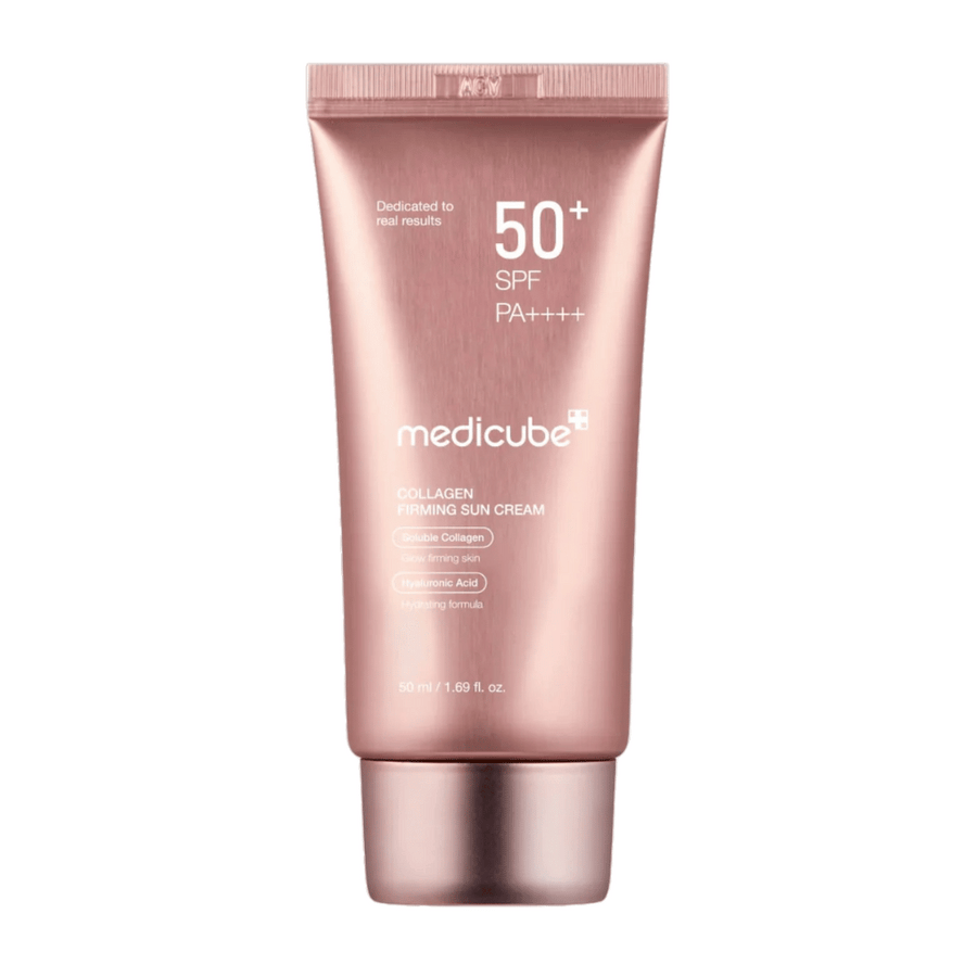 Medicube Collagen Firming Sun Cream SPF 50+ v ružovožltej tube – opaľovací krém s kolagénom a kyselinou hyalurónovou, ktorý poskytuje pevnejšiu, hydratovanú pokožku so žiarou.