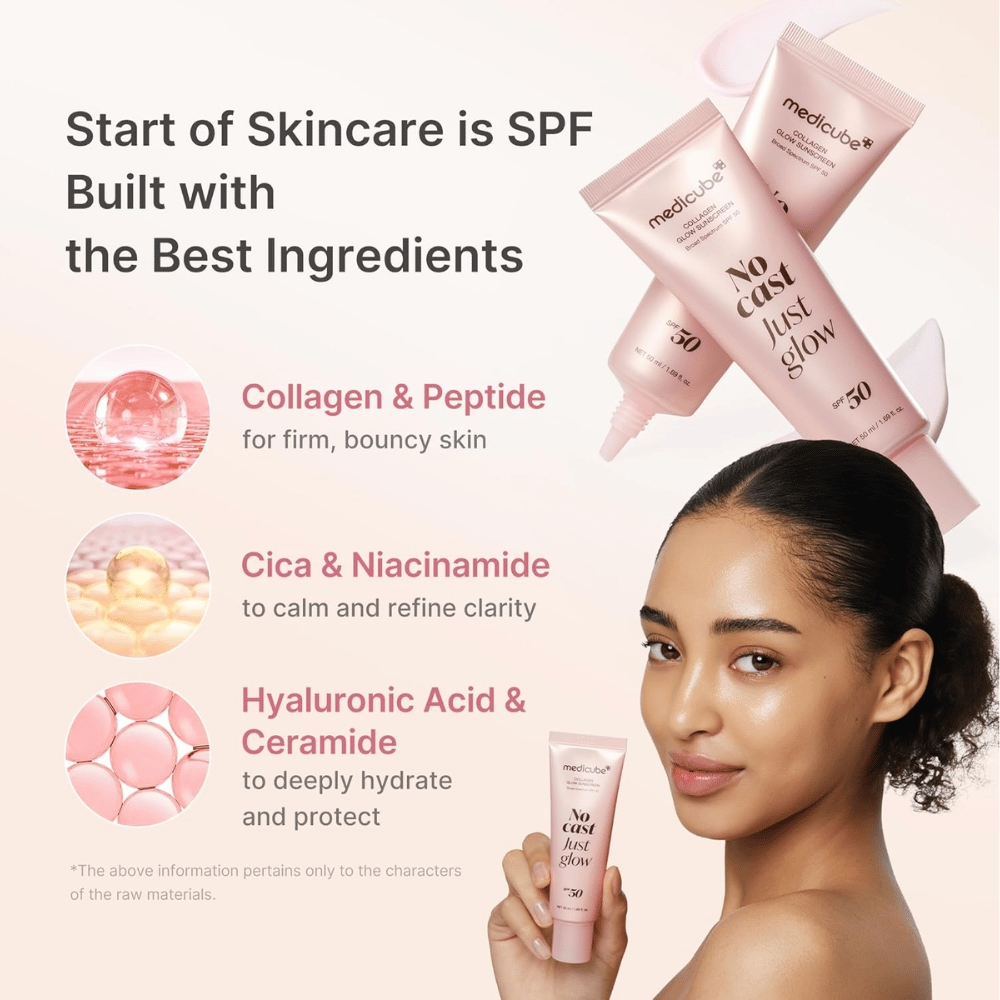Medicube Collagen Glow Sunscreen SPF 50 s kolagénom, peptidmi, niacínamidom a kyselinou hyalurónovou. Modelka drží ružovú tubu opaľovacieho krému.