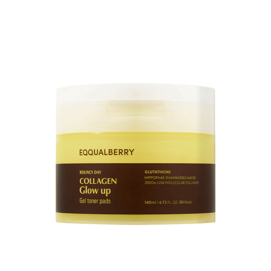 Bouncy Day Collagen Glow Up Gel Toner Pads, obsahujúce nízkomolekulárny kolagén a glutatión, pre zlepšenie elasticity pokožky a dodanie mladistvého lesku. Balenie obsahuje 60 padov.