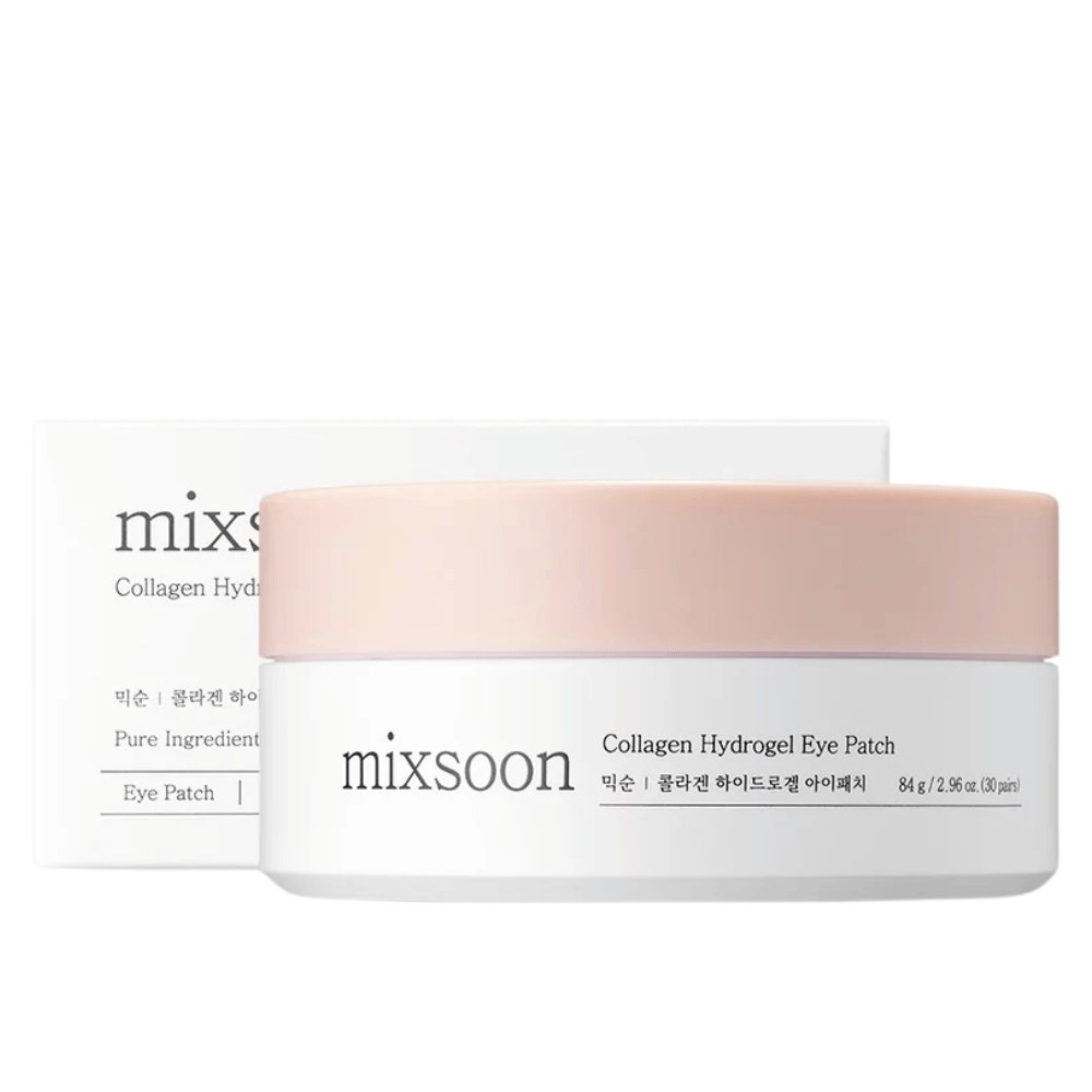 Obrázok Mixsoon Collagen Hydrogel Eye Patch, ktorý zobrazuje nádobu s ružovým vrchnákom a bielym základom. Nádoba obsahuje 84 g (30 párov) očných náplastí. Kartón je elegantný a vyvoláva pocit luxusnej starostlivosti o pleť. Produkt je navrhnutý na zvlhčenie a výživu pokožky pod očami.
