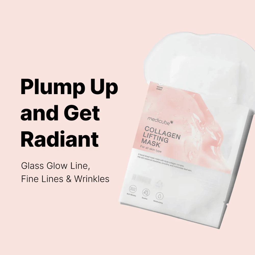 Balenie "Medicube Collagen Lifting Mask," masky na tvár zameranej na vypnutie pokožky a dodanie žiarivého vzhľadu. Produkt je určený pre všetky typy pleti a je navrhnutý tak, aby bojoval proti jemným linkám a vráskam. Text "Plump Up and Get Radiant" zvýrazňuje vlastnosti masky, zatiaľ čo grafické prvky poskytujú modernú a príťažlivú prezentáciu.