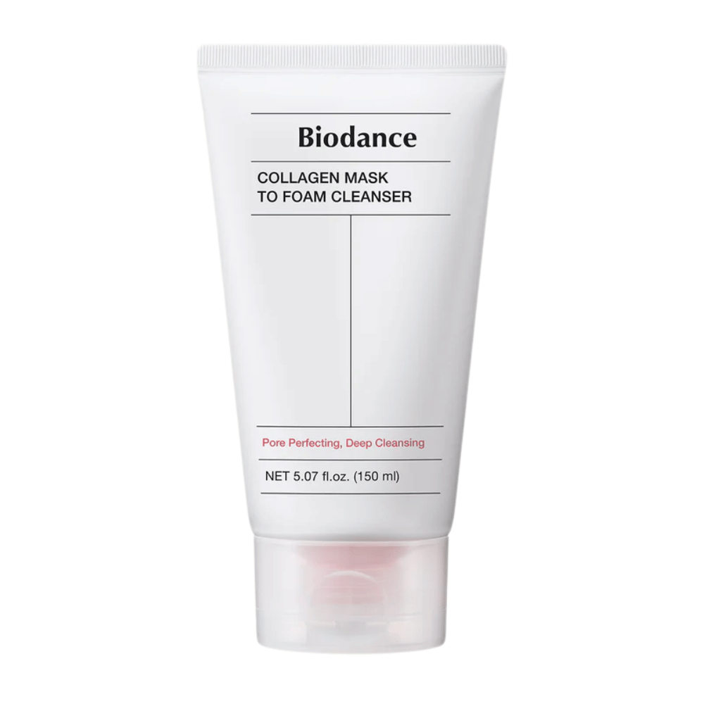 Obrázok produktu Biodance Collagen Mask to Foam Cleanser v bielej tube s čiernym textom a ružovými detailmi. Obsahuje 150 ml a je propagovaný ako hĺbkové čistenie a zlepšenie pórov.