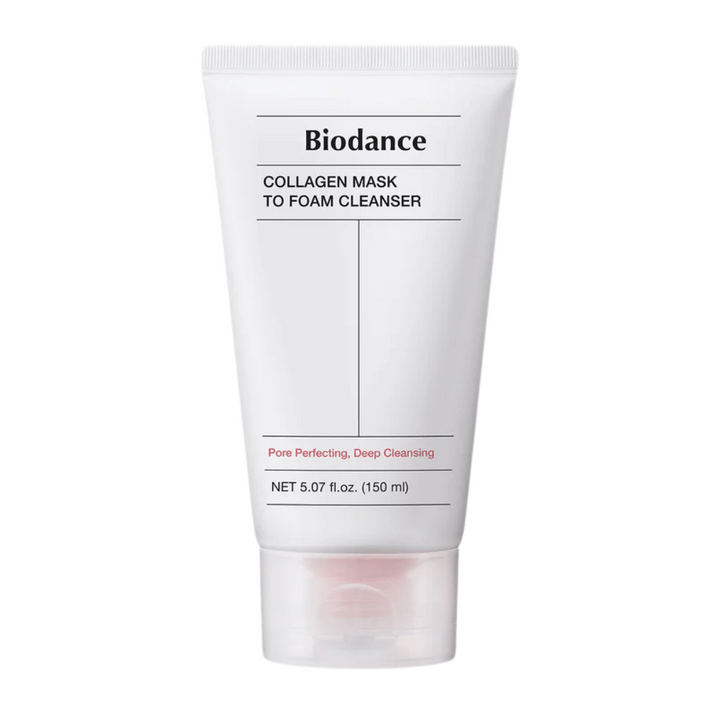 Obrázok produktu Biodance Collagen Mask to Foam Cleanser v bielej tube s čiernym textom a ružovými detailmi. Obsahuje 150 ml a je propagovaný ako hĺbkové čistenie a zlepšenie pórov.