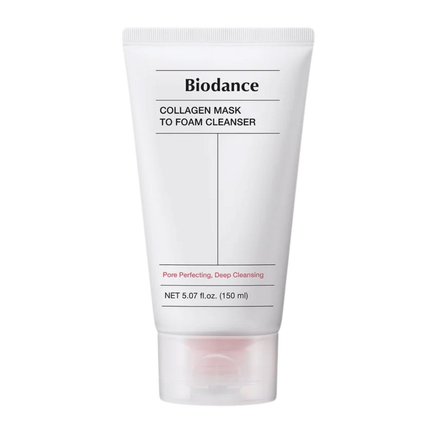 Obrázok produktu Biodance Collagen Mask to Foam Cleanser v bielej tube s čiernym textom a ružovými detailmi. Obsahuje 150 ml a je propagovaný ako hĺbkové čistenie a zlepšenie pórov.