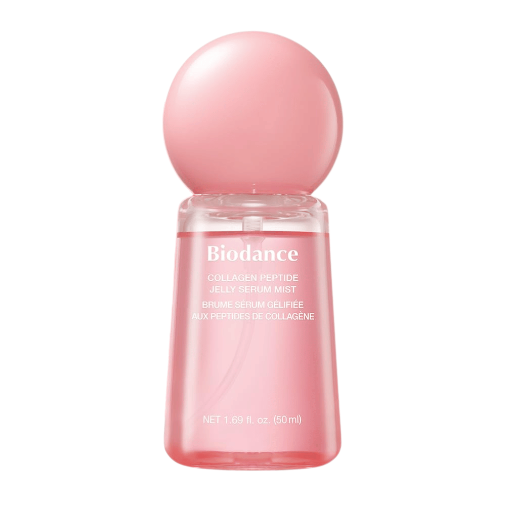 Biodance Collagen Peptide Jelly Serum Mist 50 ml – ružová pleťová hmla a sérum s kolagénom a peptidmi na hydratáciu a rozjasnenie.