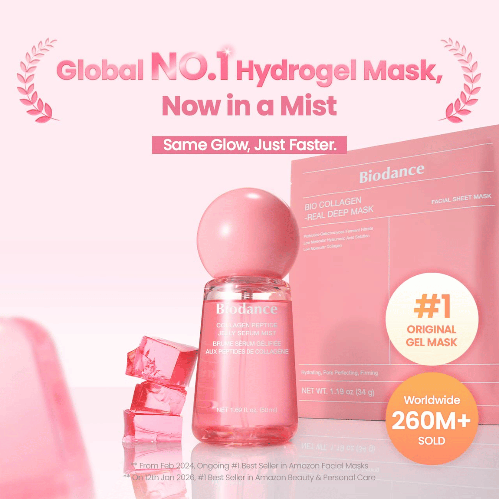 Biodance Collagen Peptide Jelly Serum Mist spolu s Biodance Bio-Collagen Real Deep Mask – hydrogélom inšpirovaná starostlivosť o pleť pre glow efekt a hydratáciu.