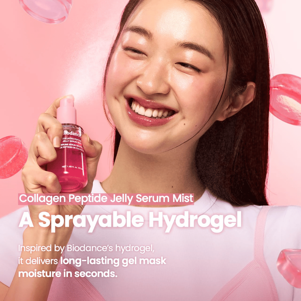 Biodance Collagen Peptide Jelly Serum Mist – rozprašovateľná pleťová hmla inšpirovaná hydrogélom na rýchlu a dlhotrvajúcu hydratáciu.
