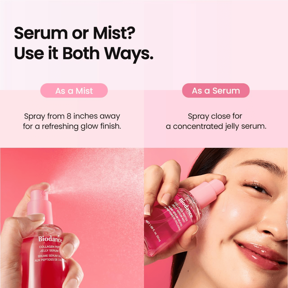 Biodance Collagen Peptide Jelly Serum Mist možno používať ako pleťovú hmlu aj sérum na hydratáciu a svieži, rozjasňujúci finiš.