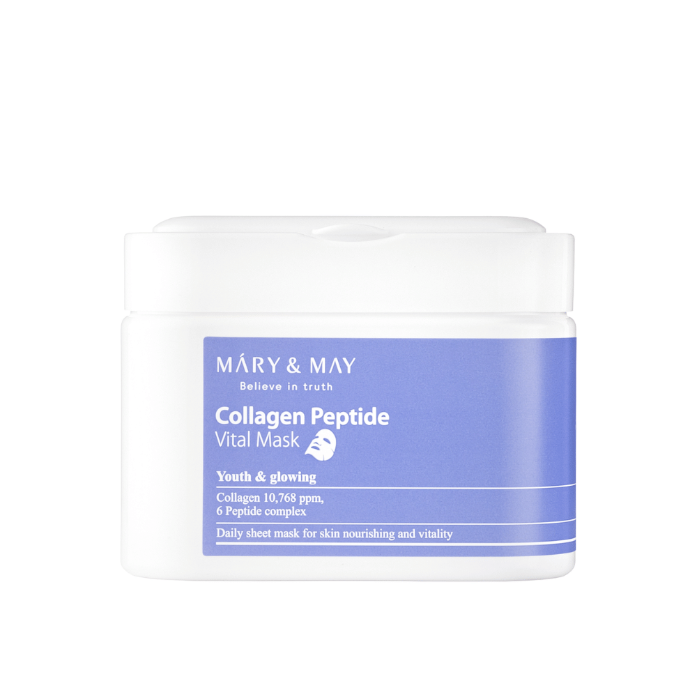 Collagen Peptide Vital Mask" od MARY & MAY v bielej a fialovej nádobe. Produkt obsahuje 10,768 ppm kolagénu a peptidový komplex na výživu a žiaru pokožky. Táto denná pleťová maska je navrhnutá tak, aby poskytovala mladistvú a žiarivú pleť.