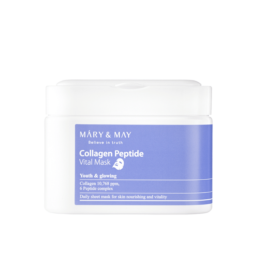 Collagen Peptide Vital Mask" od MARY & MAY v bielej a fialovej nádobe. Produkt obsahuje 10,768 ppm kolagénu a peptidový komplex na výživu a žiaru pokožky. Táto denná pleťová maska je navrhnutá tak, aby poskytovala mladistvú a žiarivú pleť.