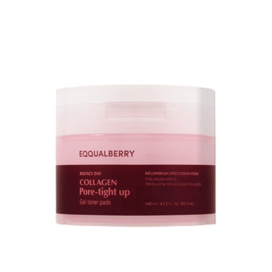 Pohár s Bouncy Day Collagen Pore-Tight Up Gel Toner Pads. Pohár je ružový a červený a obsahuje 140 ml produktu, ktorý pomáha spevniť pokožku a zmenšiť veľkosť pórov.