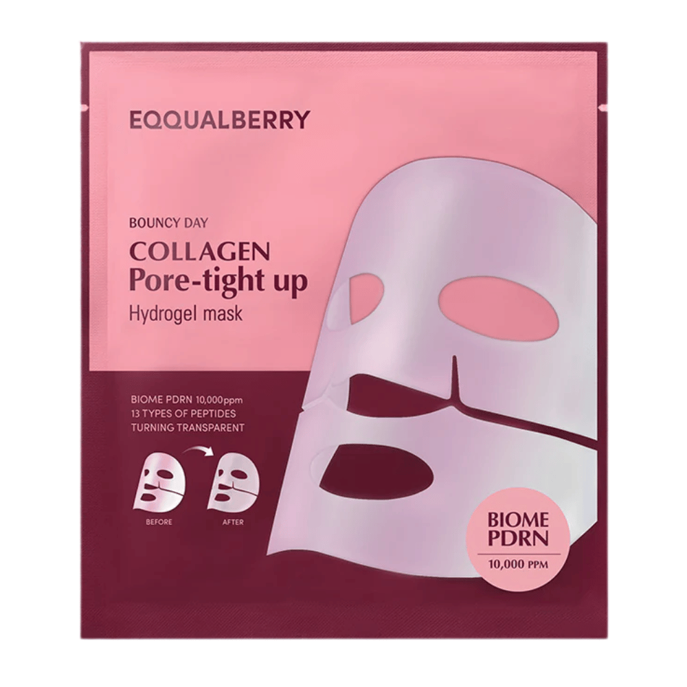 Balenie Collagen Pore-tight Up Hydrogel Mask, pleťovej masky s biome PDRN a 13 typmi peptidov, je vidieť v ružovom balení s obrázkami pred a po účinkoch masky.