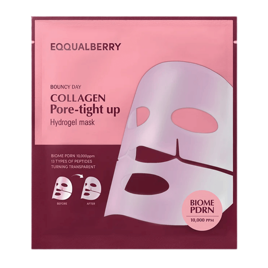 Balenie Collagen Pore-tight Up Hydrogel Mask, pleťovej masky s biome PDRN a 13 typmi peptidov, je vidieť v ružovom balení s obrázkami pred a po účinkoch masky.