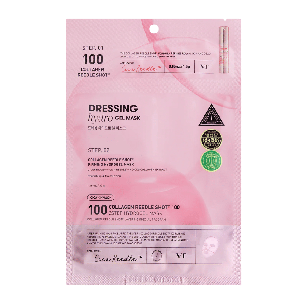Balenie VT Collagen Reedle Shot 100 2-kroková hydrogelová maska v ružovom dizajne. Ukazuje krok 1 s Cica Reedle™ a krok 2 so spevňujúcou hydrogelovou maskou obsahujúcou CICAHYALON™ a 500Da kolagénový extrakt.
