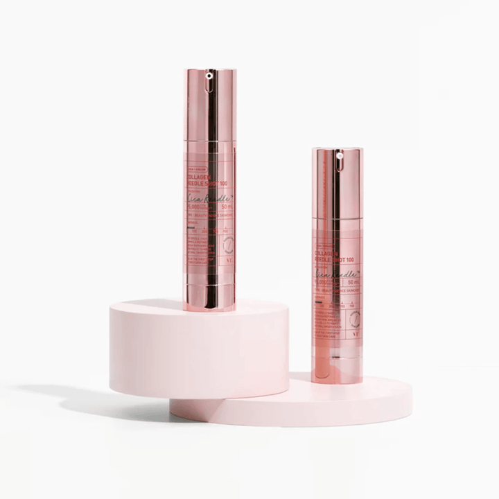 Dve fľaše VT Collagen Reedle Shot 100 v ružovom dizajne. Spevňujúce sérum s Cica a kolagénom.