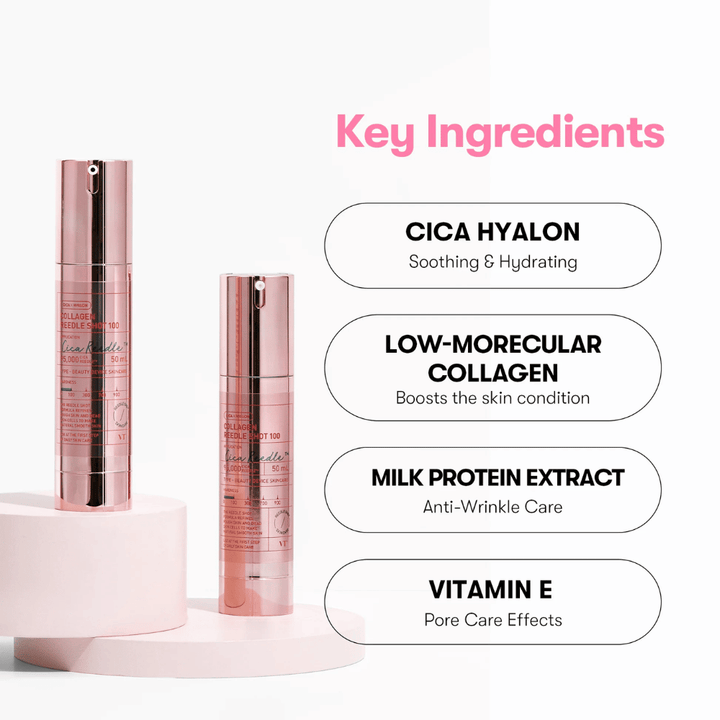 Detailný záber na VT Collagen Reedle Shot 100 a jeho kľúčové ingrediencie: Cica Hyalon, kolagén, mliečny proteín a vitamín E.