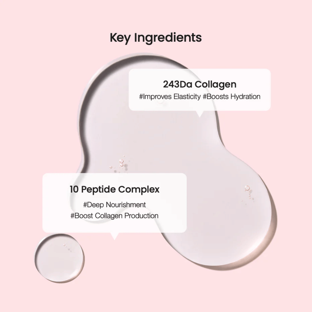 Detailný záber na kľúčové ingrediencie v produkte starostlivosti o pleť, s priehľadnými kvapkami na ružovom pozadí. Text zobrazuje 243Da Collagen a 10 Peptide Complex s výhodami ako zvýšená elasticita a hĺbková výživa.