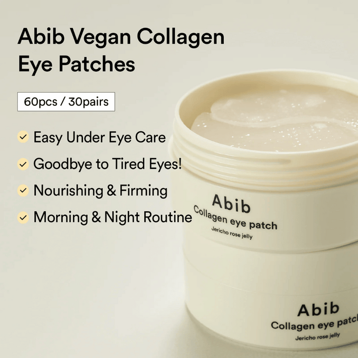 Abib Collagen Eye Patch Jericho Rose Jelly v otvorenej nádobe so zreteľnými očnými náplasťami. Text popisuje výhody ako jednoduchú starostlivosť pre unavené oči, spevňujúci efekt a použitie ráno a večer. 60 ks / 30 párov.