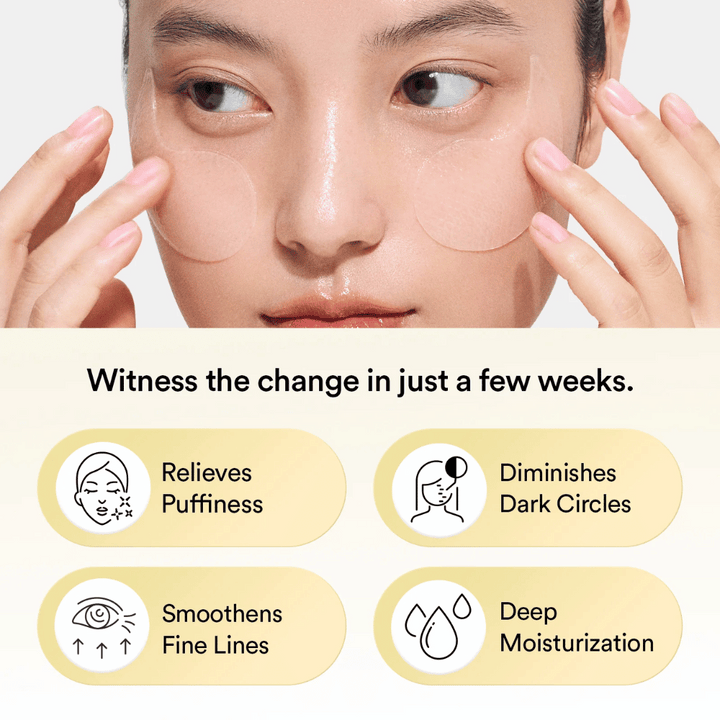 Detail ženy aplikujúcej Abib Collagen Eye Patch Jericho Rose Jelly pod oči. Ikony a text ukazujú účinky produktu: znižuje opuch, zmierňuje tmavé kruhy, vyhladzuje jemné línie a hlboko hydratuje.