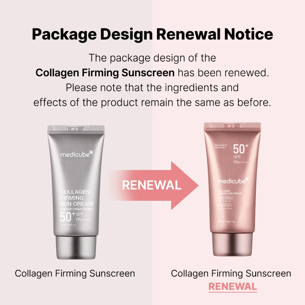 Medicube Collagen Firming Sunscreen má nový dizajn balenia – zo striebornej tuby na ružovožltú, s rovnakými ingredienciami a účinkom ako predtým.