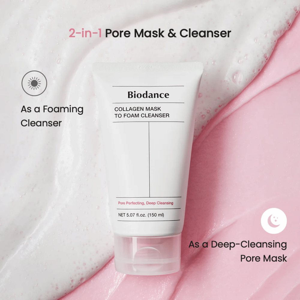 Obrázok Biodance Collagen Mask to Foam Cleanser umiestnený na ružovej a bielej čistiacej textúre. Produkt je opísaný ako 2-v-1 maska na čistenie pórov a penivý čistič.